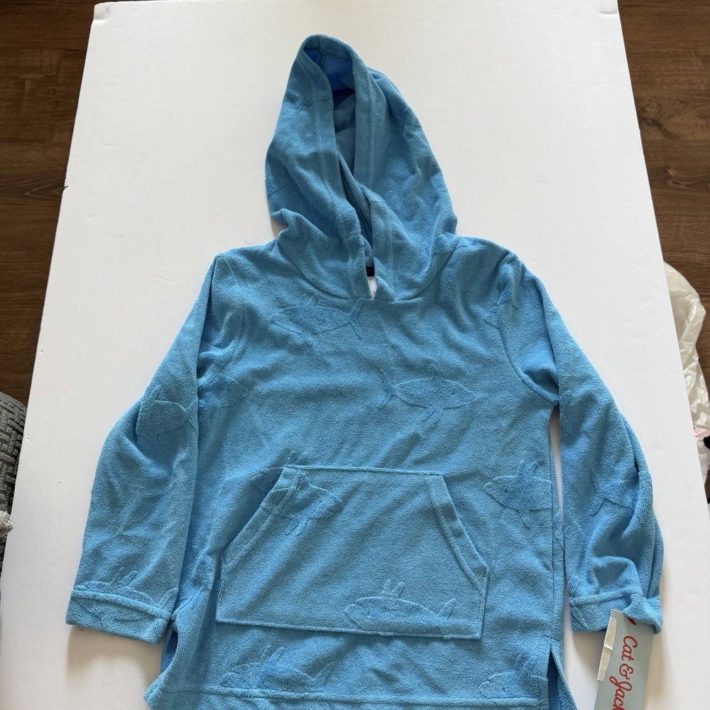 Cat & Jack Toddler Boys Blue Shark Embossed Pullover Swim Cover-up Hooded 5T NWT